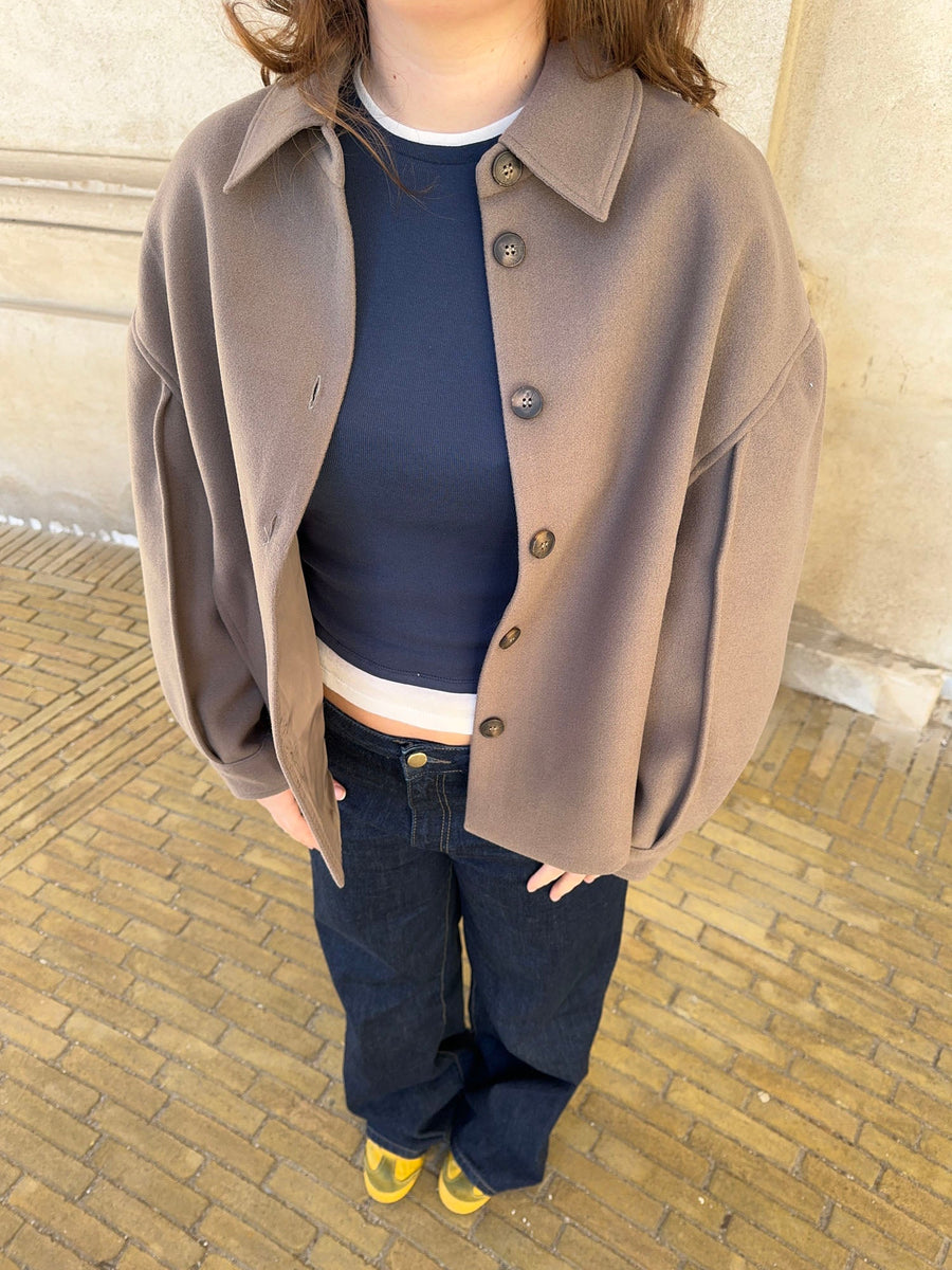 Minimalist Cropped Button-Up Jacket- Taupe