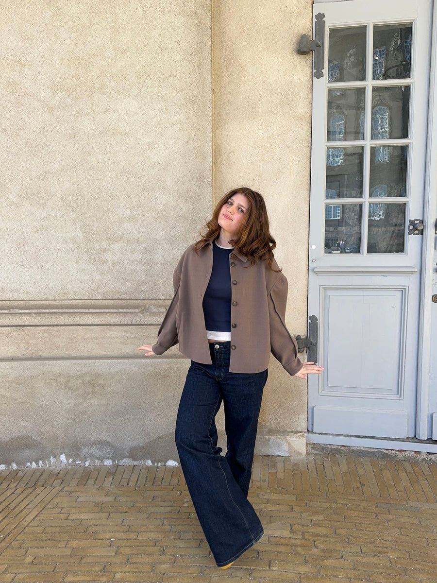 Minimalist Cropped Button-Up Jacket- Taupe