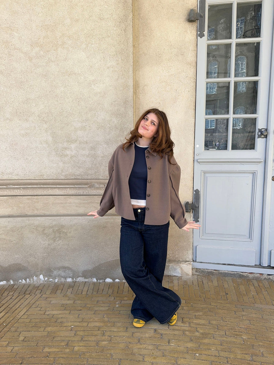 Minimalist Cropped Button-Up Jacket- Taupe