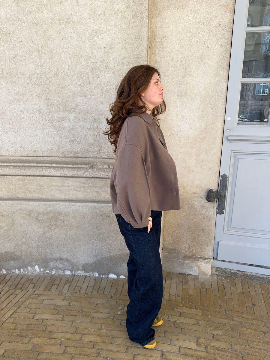Minimalist Cropped Button-Up Jacket- Taupe