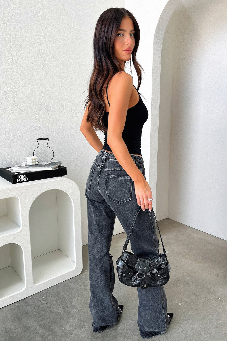 Distressed Black Straight-Leg Jeans